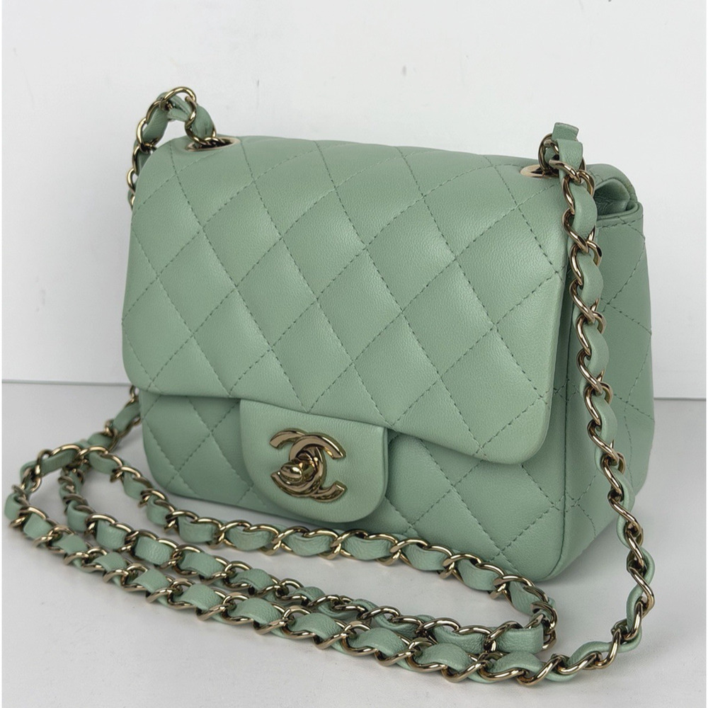 Chanel Mini Square Classic Flap Bag in a Light Green Lambskin Leather NFC